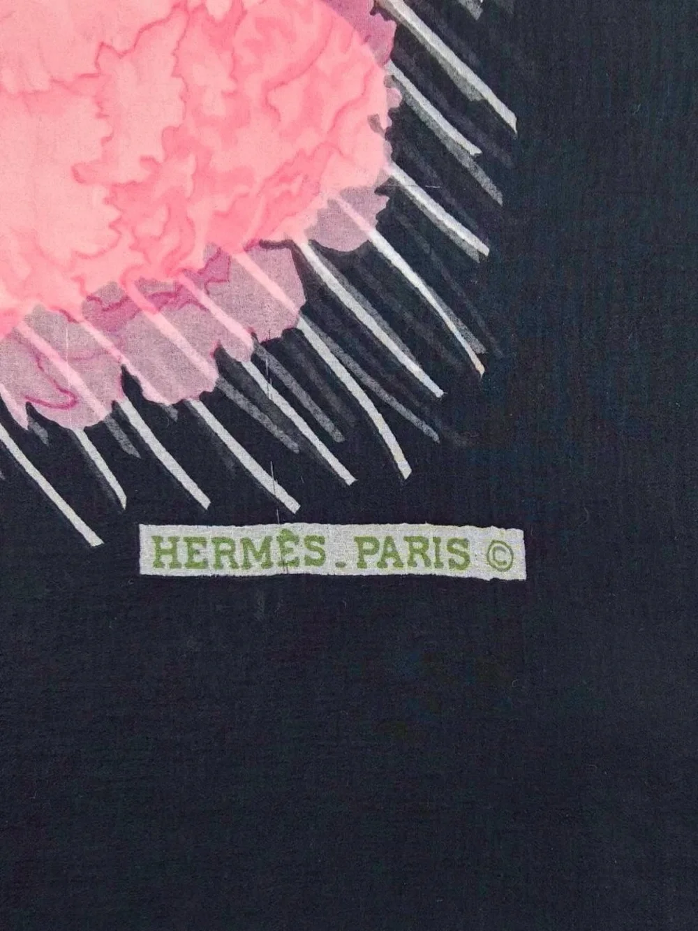 Hermes Pink Floral Silk Scarf with Black Border and Green Leaves
